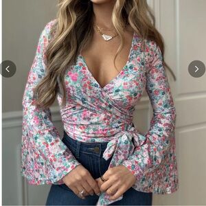 Floral Wrap Blouse with Bell Sleeves